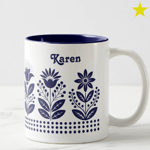 Navy Blue Minimalist Folk Art Floral Custom Name Two-Tone Coffee Mug