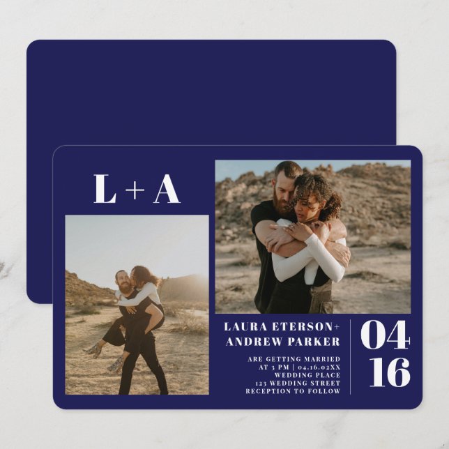 Navy blue minimalist initials 2 photos wedding invitation (Front/Back)