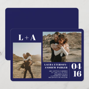 Navy blue minimalist initials 2 photos wedding invitation
