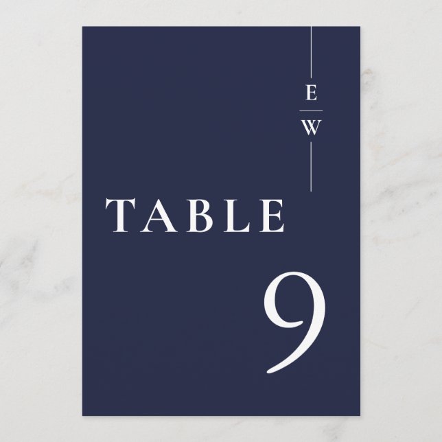 Navy Blue Minimalist Modern Monogram Table Number (Front)