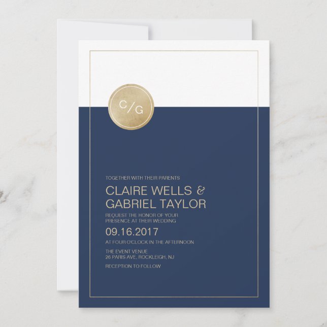 Navy blue minimalist modern wedding invitation (Front)