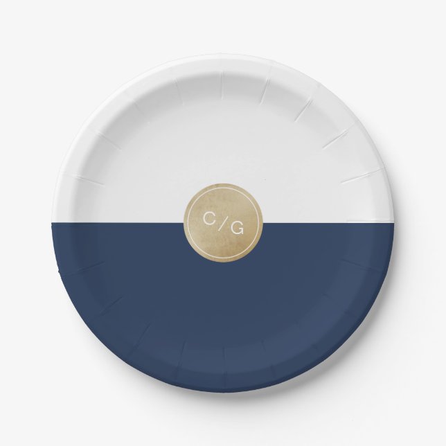Navy blue minimalist modern wedding monogram paper plate (Front)