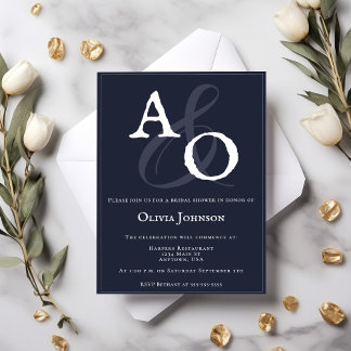 Navy Blue Minimalist Monogram Bridal Shower Invitation
