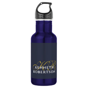 Navy Blue Minimalist Monogram Gold White Men Chic 532 Ml Water Bottle