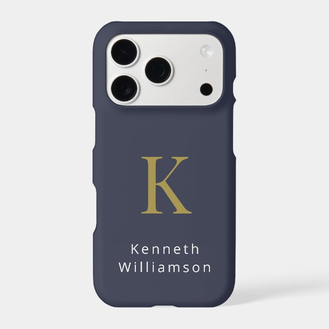 Navy Blue Minimalist Monogram Gold White Name Men  (Back)