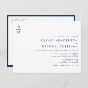 Navy Blue Minimalist Monogram QR Code Wedding Invitation Postcard