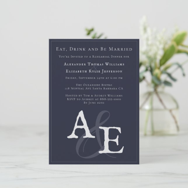 Navy Blue Minimalist Monogram Rehearsal Dinner Invitation (Standing Front)