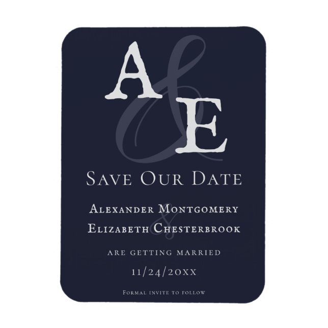 Navy Blue Minimalist Monogram Save the Date Magnet (Vertical)