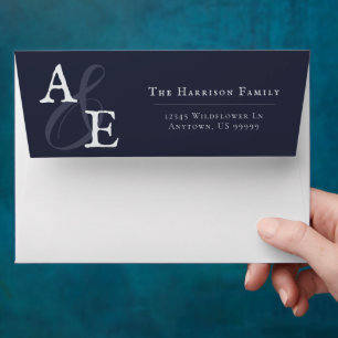 Navy Blue Minimalist Monogram Wedding Envelope