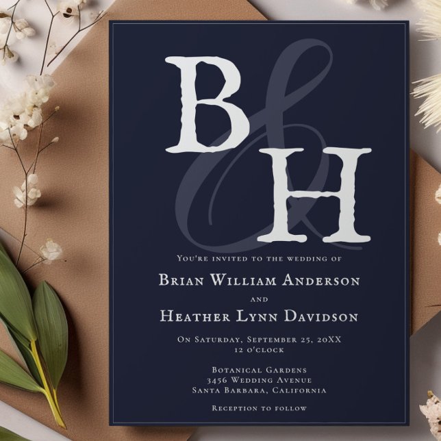 Navy Blue Minimalist Monogram Wedding Invitation (Navy Blue Minimalist Monogram Wedding Invitation)