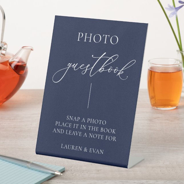 Navy Blue Minimalist Photo Guestbook Pedestal Sign (In SItu)