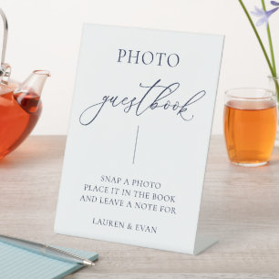 Navy Blue Minimalist Photo Guestbook Pedestal Sign