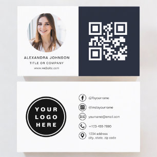 Navy Blue Minimalist Photo QR Code Social Media Business Card