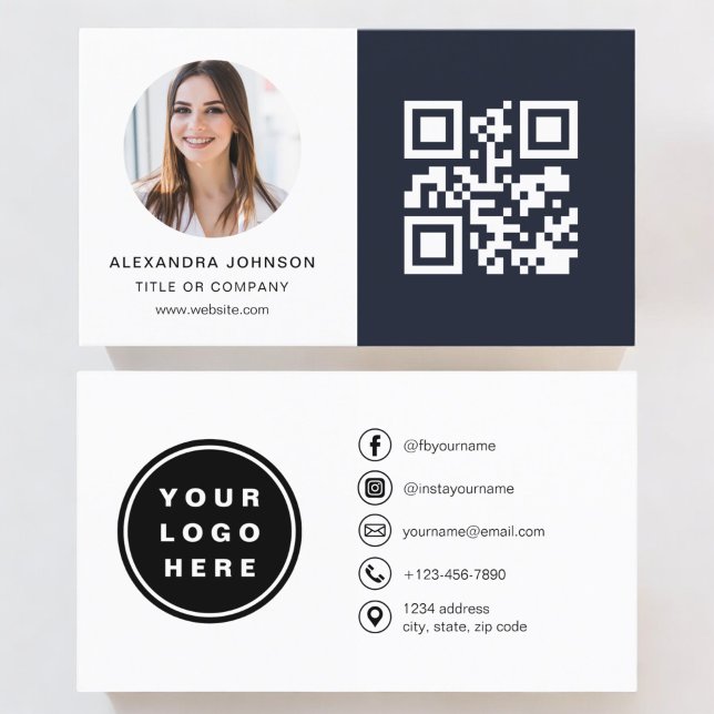 Navy Blue Minimalist Photo QR Code Social Media Business Card (Creator Uploaded)