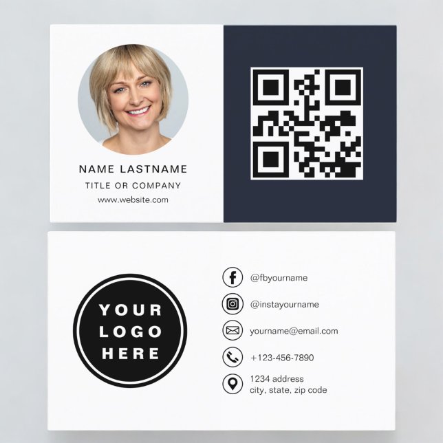 Navy Blue Minimalist Photo QR Code Social Media Business Card (Creator Uploaded)