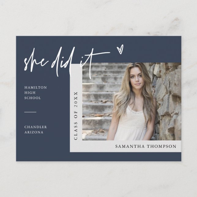 Navy Blue Minimalist Photo She Did It Graduation P Postcard (Front)