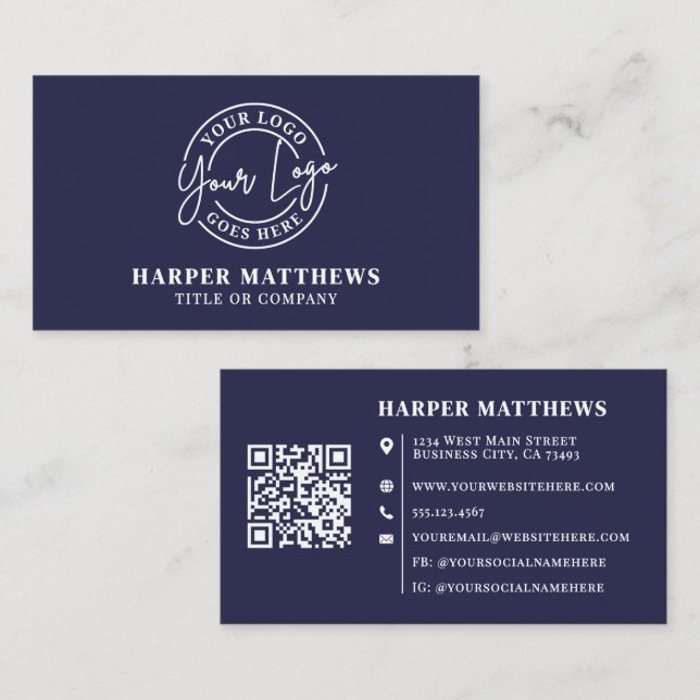 Navy Blue Minimalist Professional Logo QR Code Business Card (Front/Back)