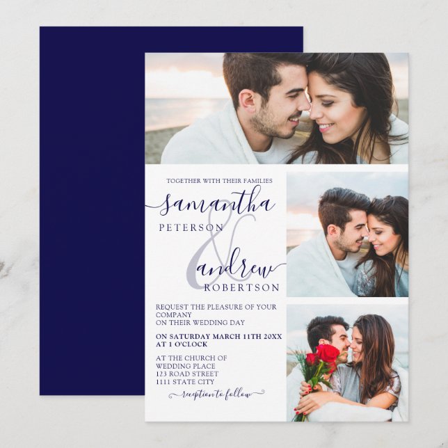 Navy blue minimalist script 3 photos wedding invitation (Front/Back)