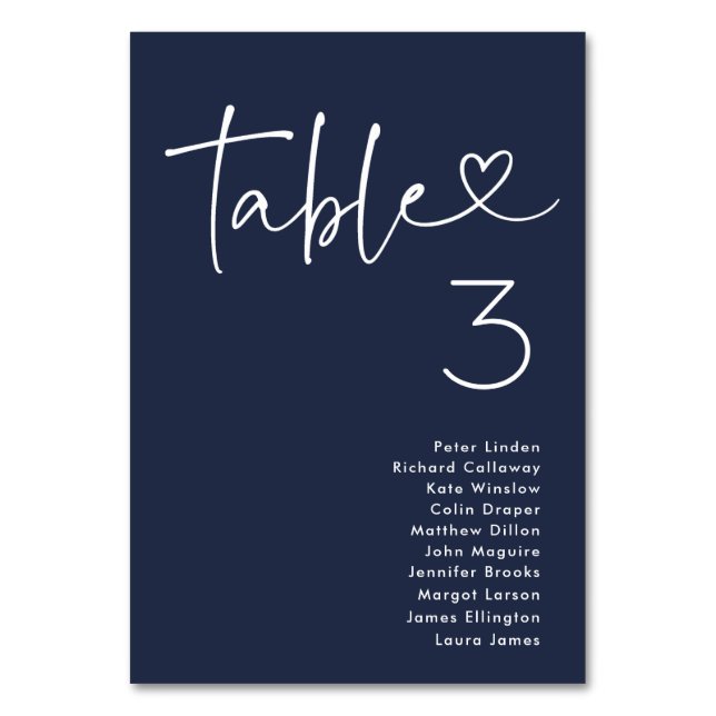 Navy Blue Minimalist Script Modern Wedding Table Number (Front)