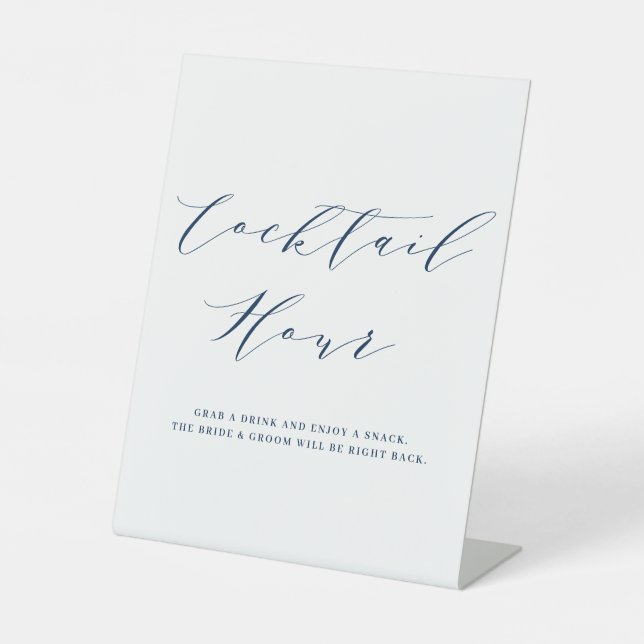Navy Blue Minimalist Script Wedding Cocktail Hour  Pedestal Sign (Front)
