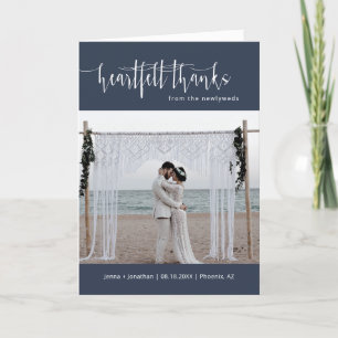 Navy Blue Minimalist Script Wedding Photo Folded Thank You Card
