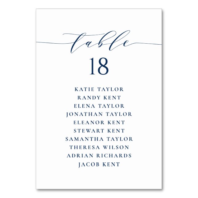 Navy Blue Minimalist Script Wedding Seating Plan Table Number (Front)