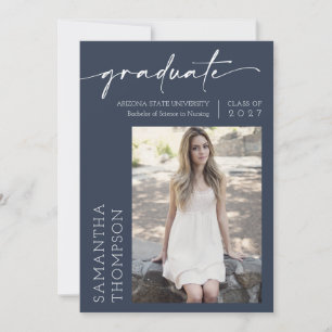Navy Blue Minimalist Two Photo Graduation Party Invitation