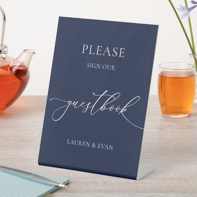 Navy Blue Minimalist Wedding Guestbook 2 Pedestal Sign (In SItu)