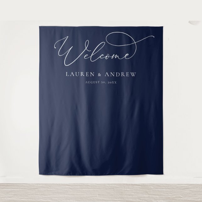Navy Blue Minimalist Wedding Photo Booth Backdrop Tapestry (Front)