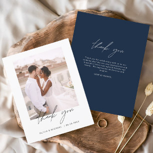 Navy Blue Minimalist Wedding Thank You Photo Card