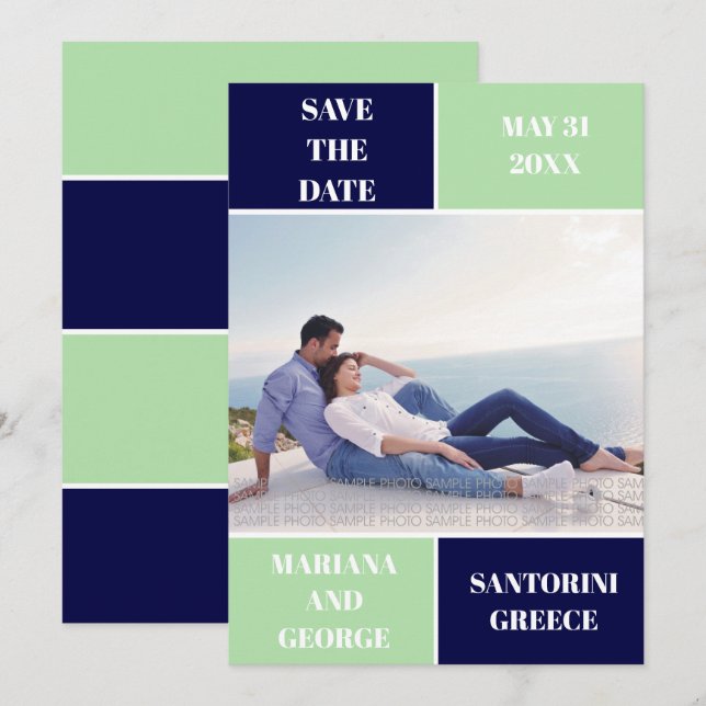 Navy blue, mint colour block wedding Save the Date (Front/Back)