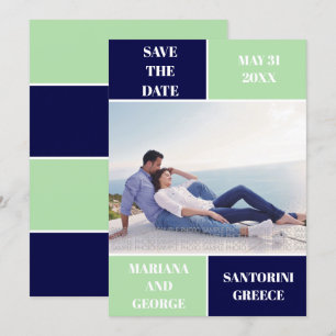 Navy blue, mint colour block wedding Save the Date