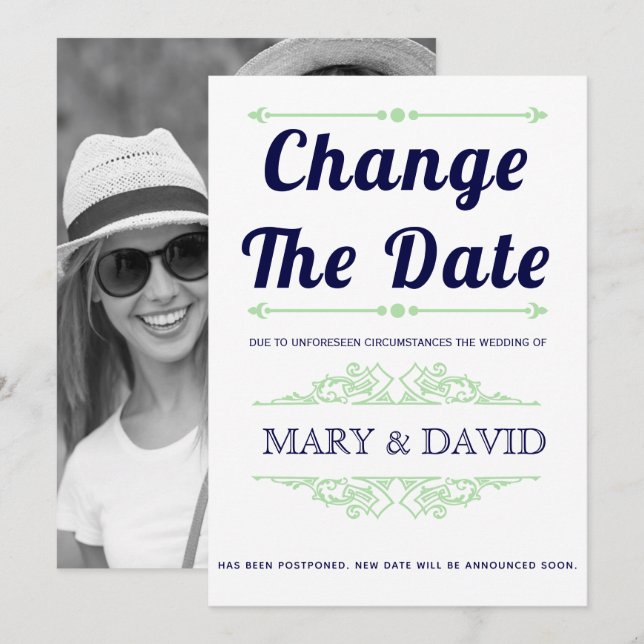 Navy blue, mint green Change the Date announcement (Front/Back)
