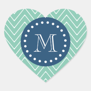 Navy Blue, Mint Green Chevron Pattern   Your Monog Heart Sticker