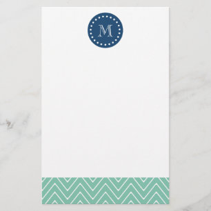 Navy Blue, Mint Green Chevron Pattern   Your Monog Stationery