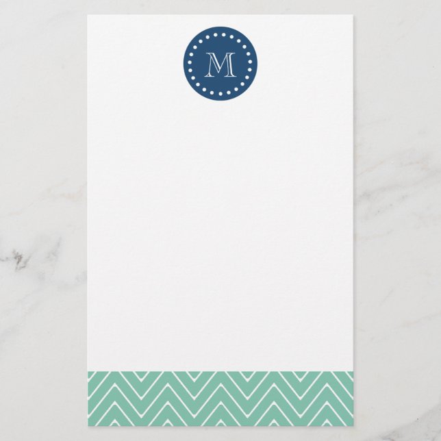 Navy Blue, Mint Green Chevron Pattern | Your Monog Stationery (Front)
