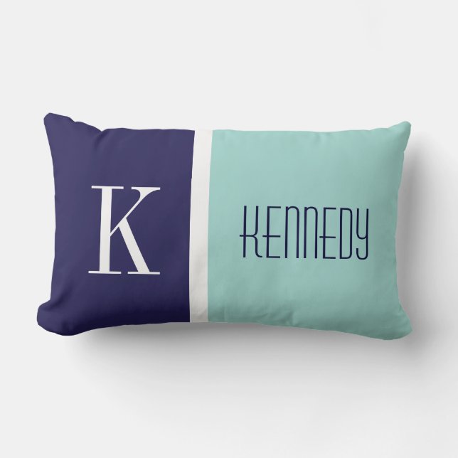 Navy Blue Mint Green Colour Block Stripe Monogram Lumbar Pillow (Front)