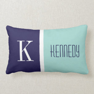 Navy Blue Mint Green Colour Block Stripe Monogram Lumbar Pillow