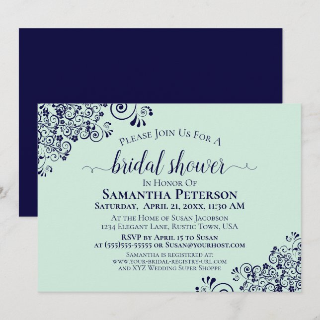 Navy Blue & Mint Green Elegant Lace Bridal Shower Invitation (Front/Back)