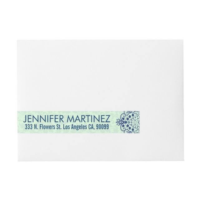 Navy Blue & Mint-Green Floral Lace Design Wraparound Address Label (Front)