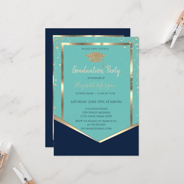 Navy Blue Mint Green Gold Diamonds Graduation Invitation (Front/Back In Situ)