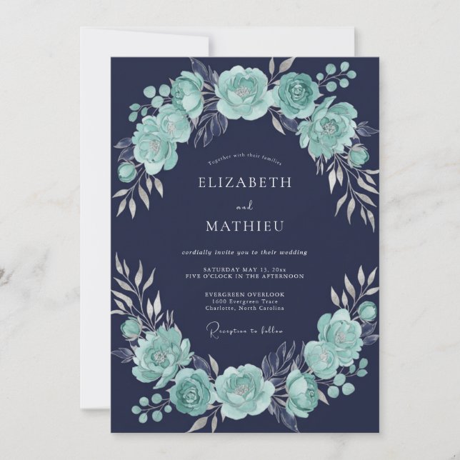 Navy Blue Mint Sophisticated Winter Wedding Invitation (Front)