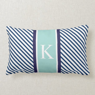 Navy Blue Mint Stripes & Monogram Lumbar Pillow
