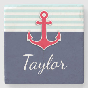 Navy Blue Mint Stripes Red Anchor Personalized Stone Coaster