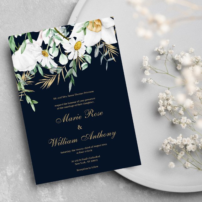 Navy blue mint white gold daisies floral Wedding  Invitation (Navy blue mint white gold daisies floral Wedding Invitation )