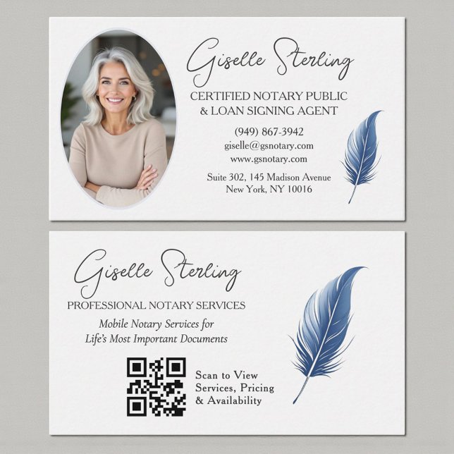 Navy Blue Mobile Notary QR Code Modern Photo  Business Card (Creator Uploaded)