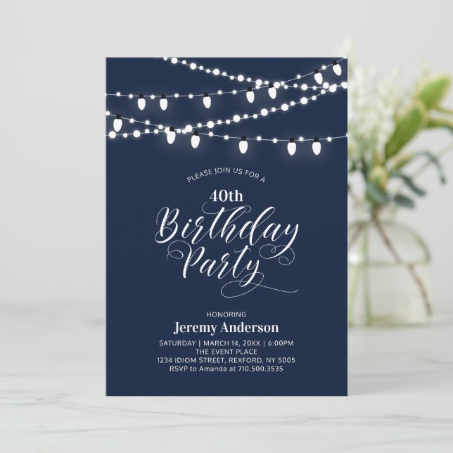 Navy Blue Modern 40th Adult Birthday Party Invitation (Standing Front)