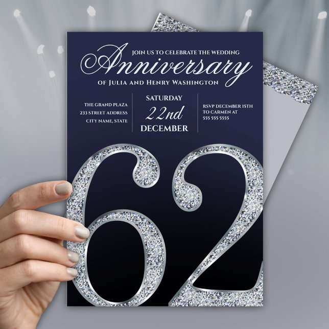 Navy Blue Modern 62nd Wedding Anniversary  Invitation (Creator Uploaded)