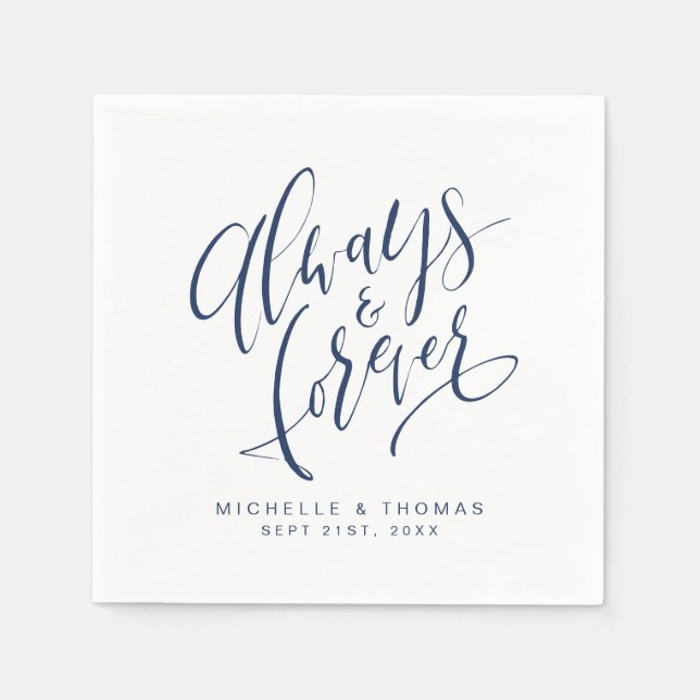 Navy Blue Modern Always And Forever Script Napkin (Front)