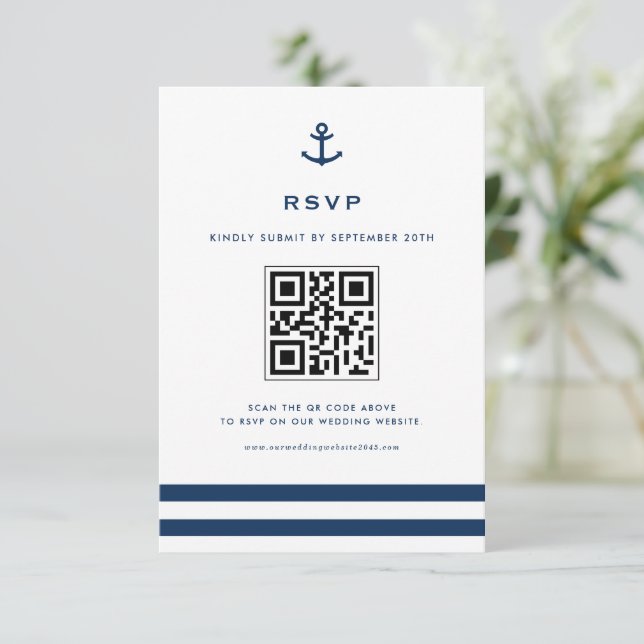 Navy Blue Modern Anchor Nautical QR Code RSVP Card (Standing Front)